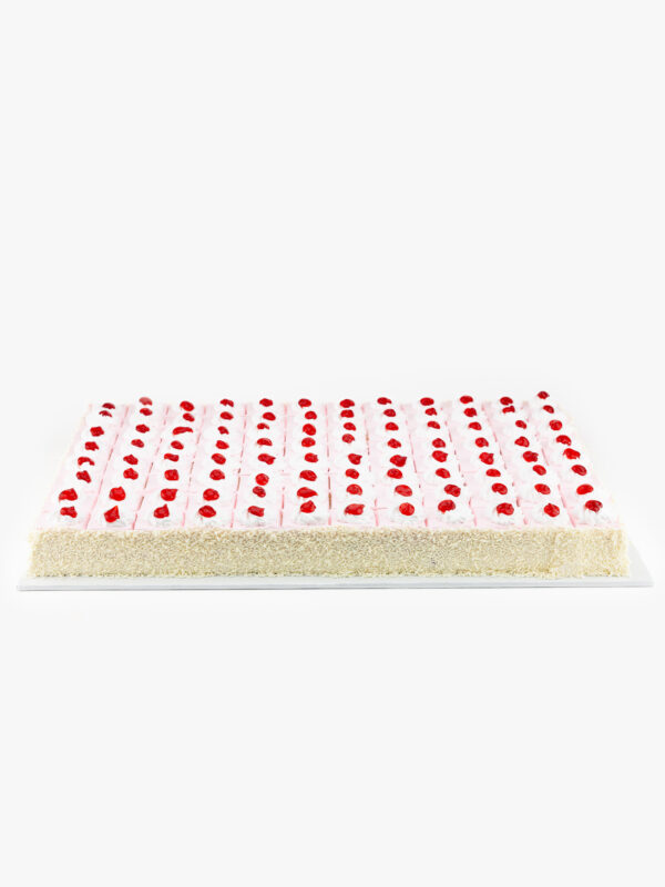 A Single Deluxe Full Sheet 96 Cut Strawberry Mousse Cake on a light grey background