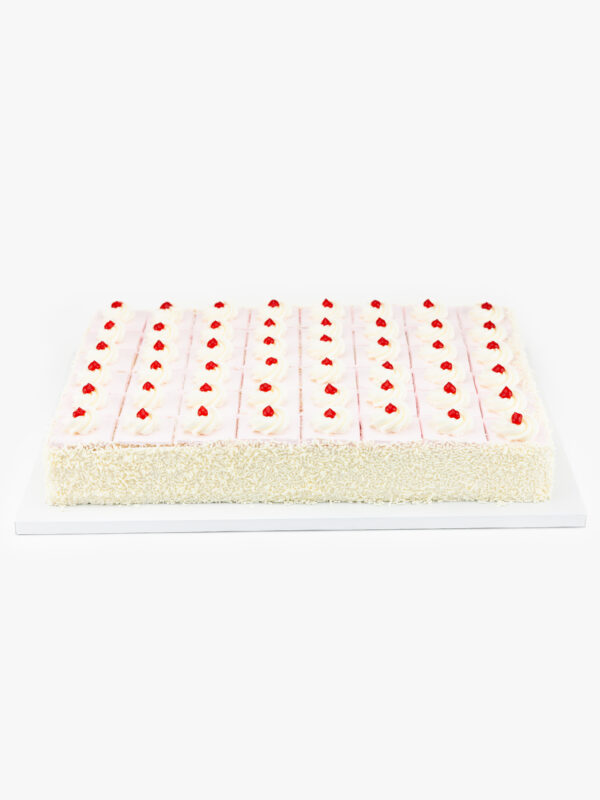 A Single Deluxe Half Sheet 48 Cut Strawberry Mousse Cake on a light grey background