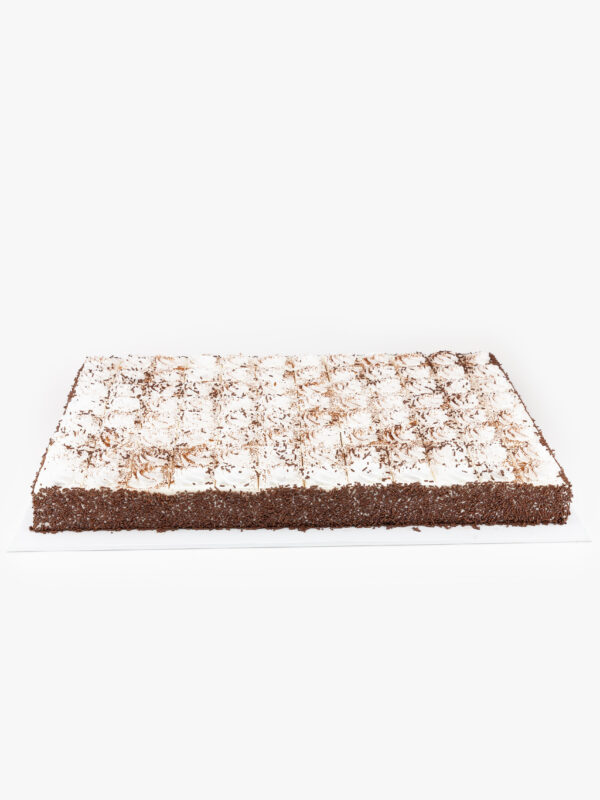 A Single Deluxe Full Sheet 96 Cut Tiramisu Cake on a light grey background