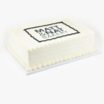 A Single Celebration Cake in Quarter Sheet Size with Matt & Nat Bakery Logo on a light grey background