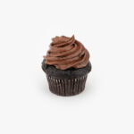 A Single Regular Chocolate Dessert Cupcake in wrapping on a light grey background