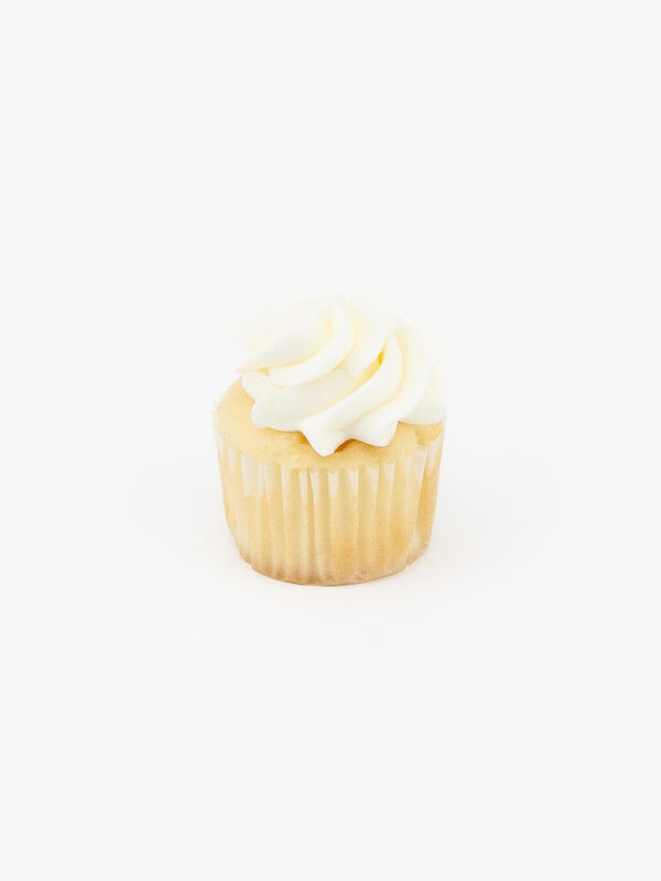 A Single Mini Vanilla Dessert Cupcake in wrapping on a light grey background