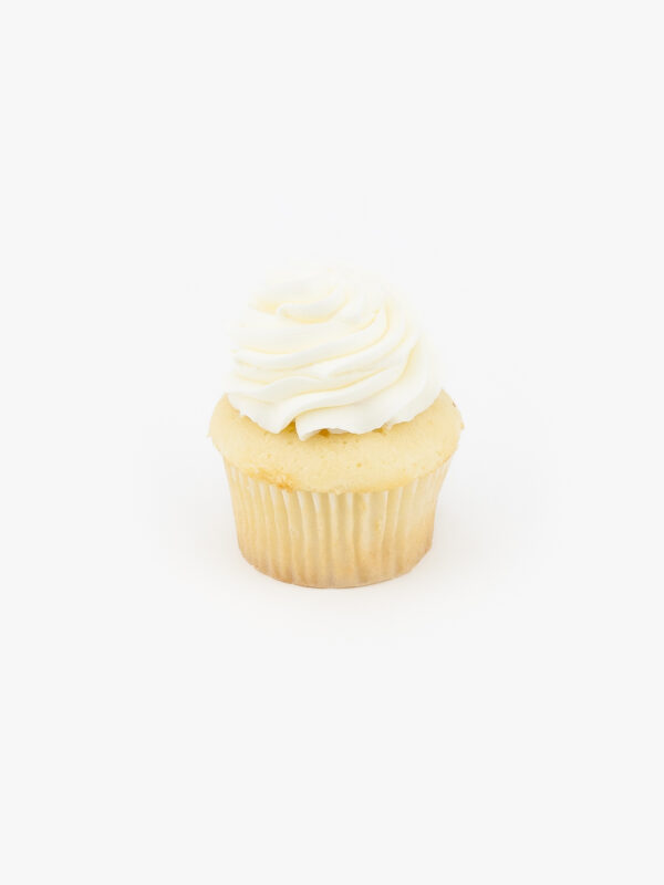 A Single Regular Vanilla Dessert Cupcake in wrapping on a light grey background