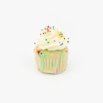 A Single Mini Confetti Dessert Cupcake in wrapping on a light grey background