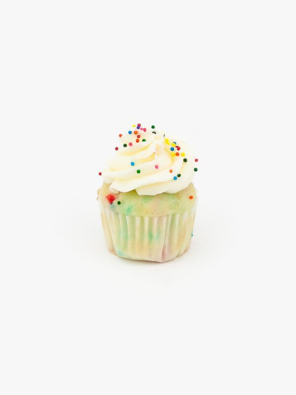 A Single Mini Confetti Dessert Cupcake in wrapping on a light grey background