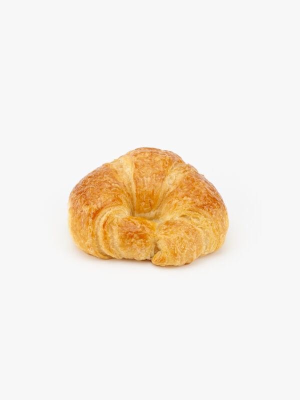 A Single Curved Mini Butter Croissant baked perfectly on a light grey background