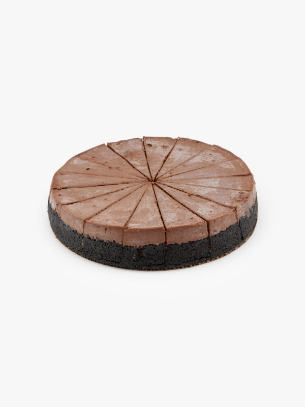 A Single 10" Round Chocolate 16 Cut Cheesecake individually sectioned on a light grey background