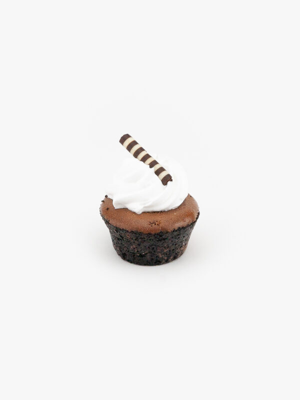 A Single 2" Mini Chocolate Cheesecake on a light grey background