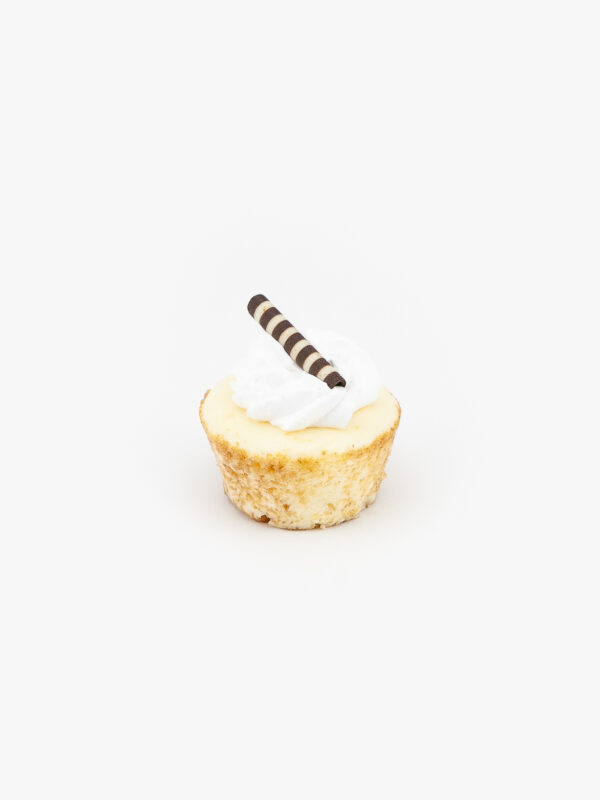 A Single 2" Mini New York Cheesecake on a light grey background