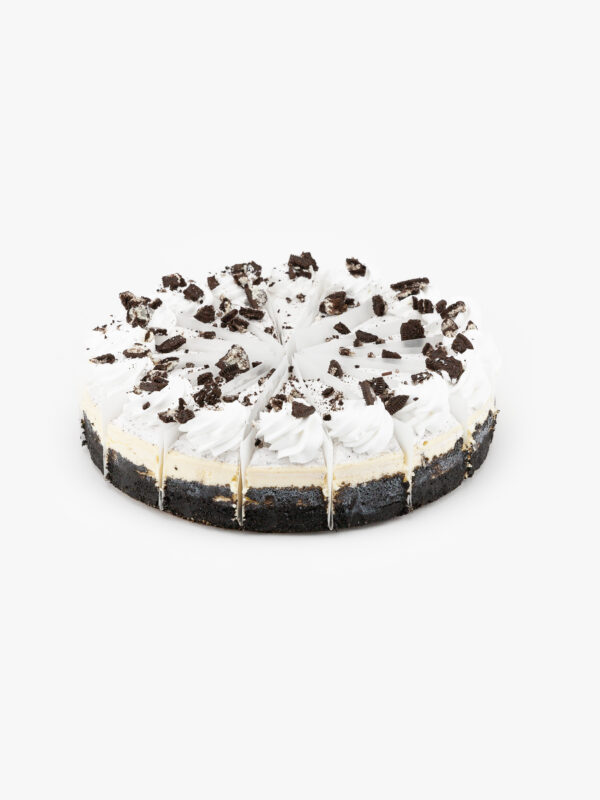 A Single 10" Round Cookies and Cream 16 Cut Cheesecake individually sectioned on a light grey background