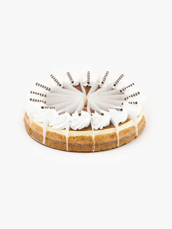 A Single 10" Round Dulce De Leche 16 Cut Cheesecake individually sectioned on a light grey background