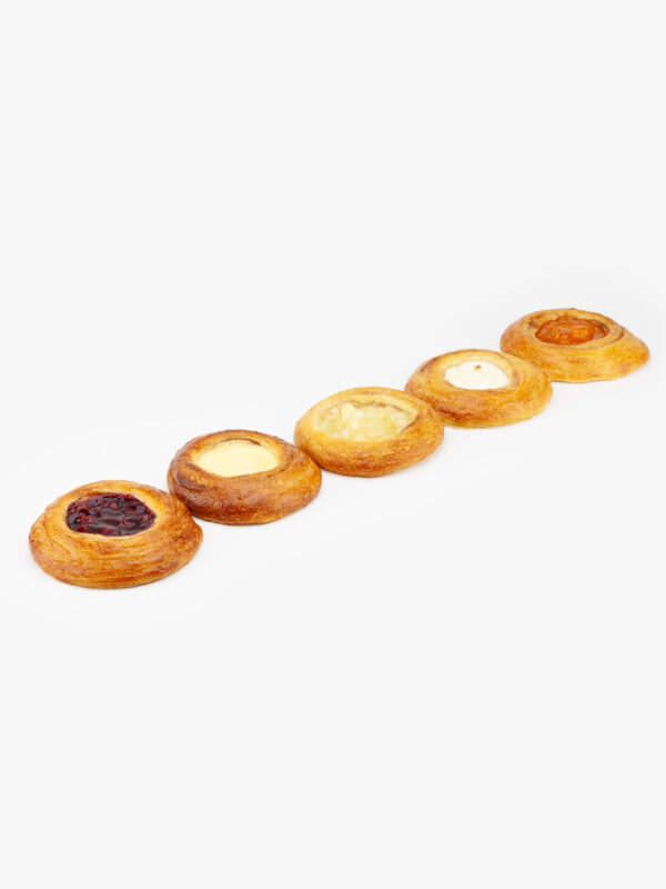 A selection of 5 Jumbo Round Assorted Breakfast Danish, Cherry, Custard, Apple, Cheese and Apricot