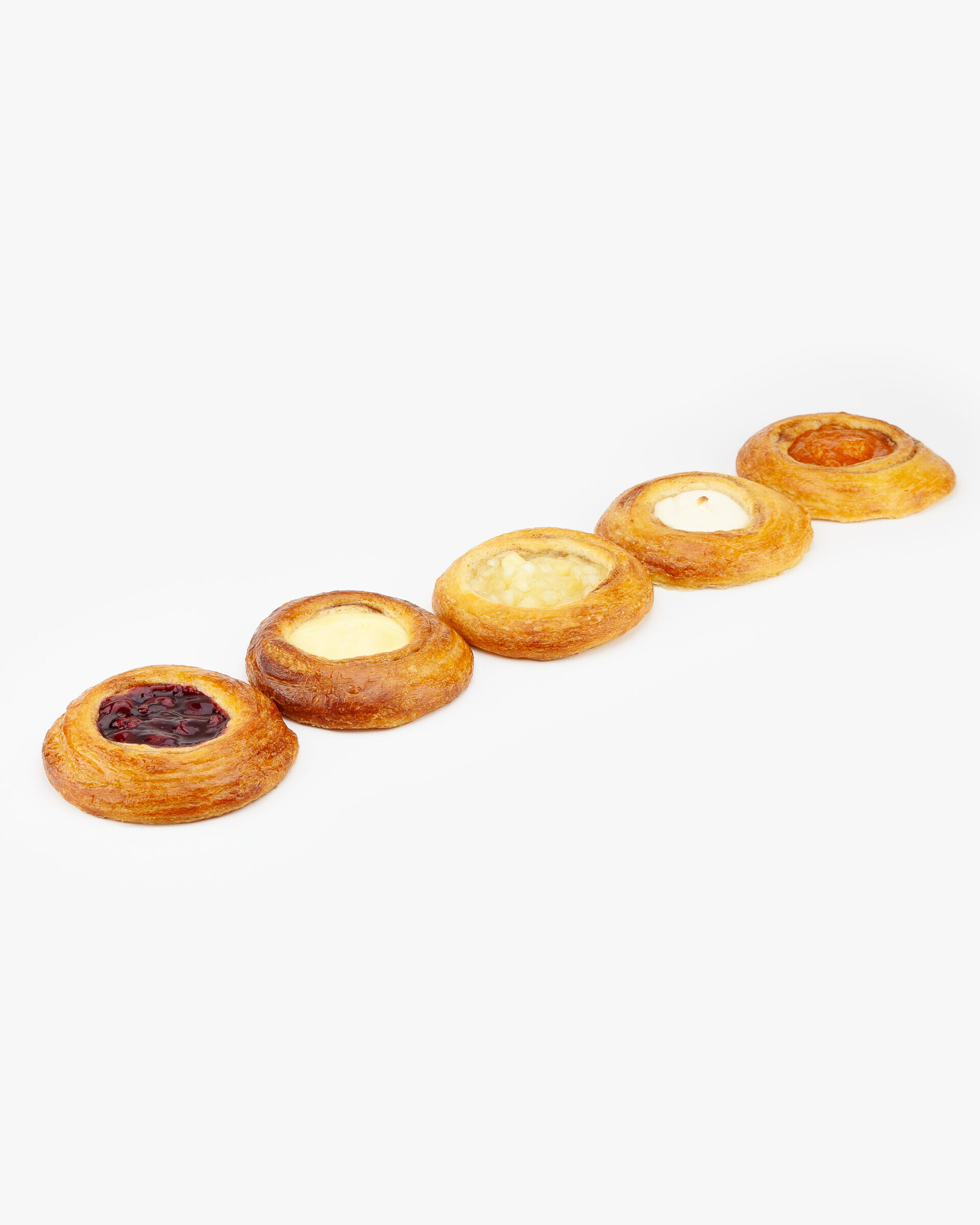 A selection of 5 Jumbo Round Assorted Breakfast Danish, Cherry, Custard, Apple, Cheese and Apricot