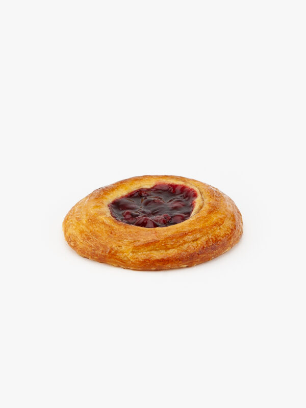 A Jumbo Round Cherry Breakfast Danish perfectly baked on a light grey background