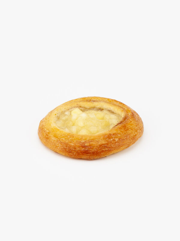 A Jumbo Round Apple Breakfast Danish perfectly baked on a light grey background