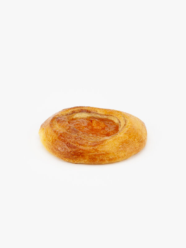 A Jumbo Round Apricot Breakfast Danish perfectly baked on a light grey background