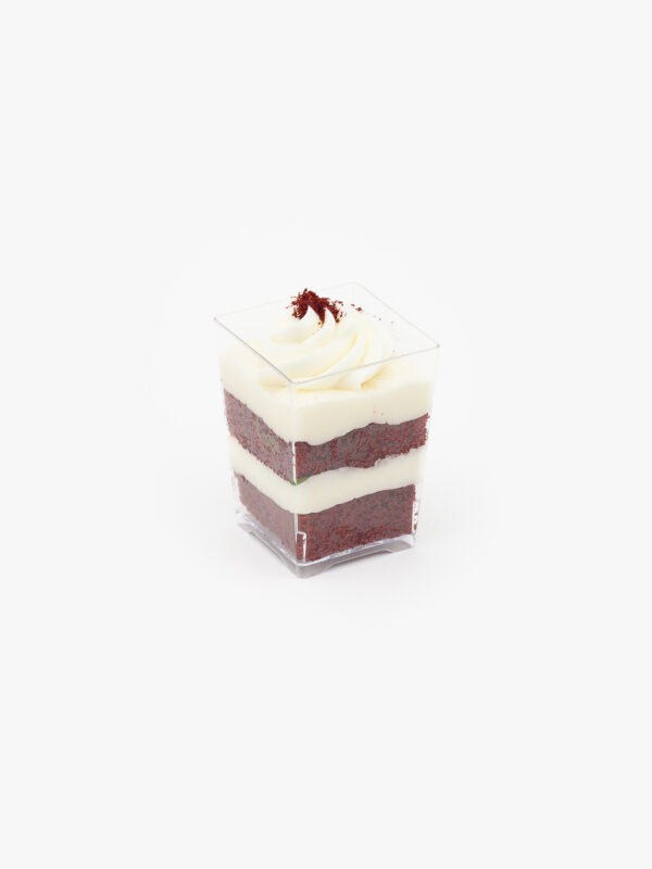 A Single Regular Red Velvet Dessert Parfait Cup on a light grey background