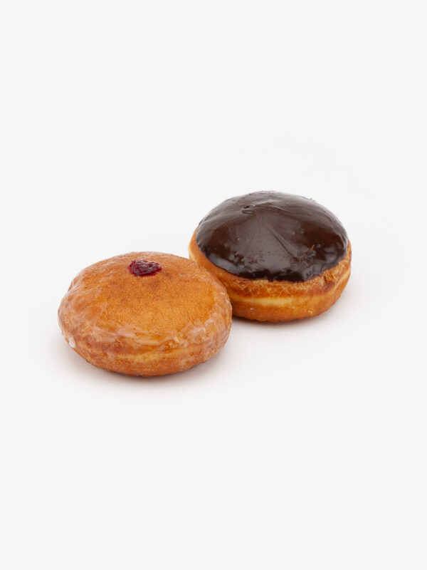 2 Assorted Regular Filled Donuts, Raspberry and Cream on a light grey background