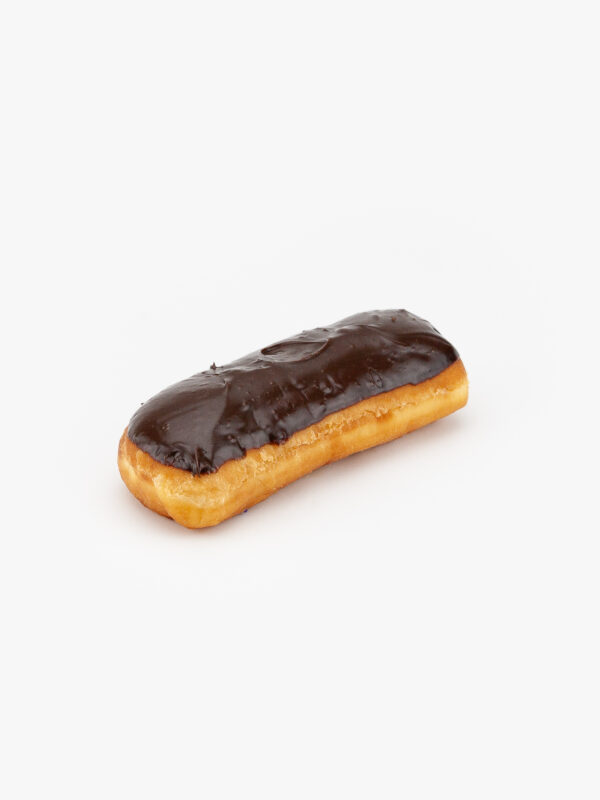 A Regular Long Bar Chocolate Donut on a light grey background