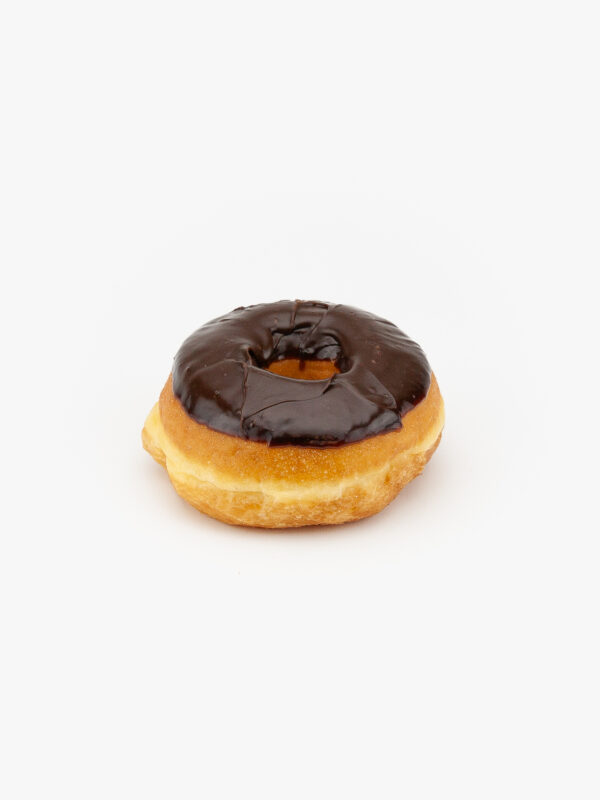 A Regular Raised Chocolate Donut on a light grey background