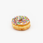 A Regular Raised Sprinkle Donut on a light grey background