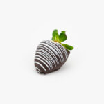 A Single Dark Chocolate Dipped Strawberry Dessert Pastry on a light grey background