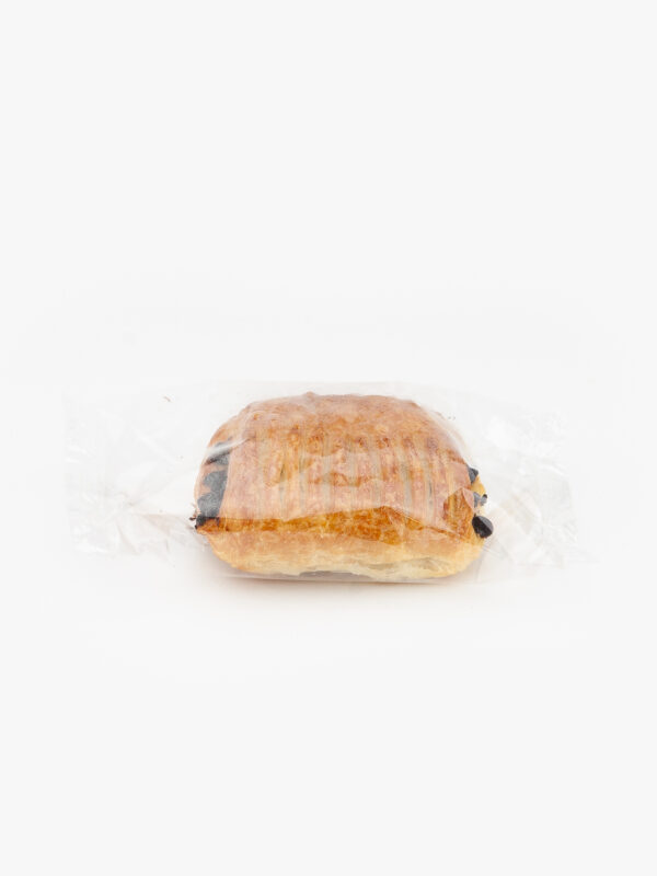 A Single Individual Wrapped Mini Chocolate Croissant Sealed in Plastic on a light grey background