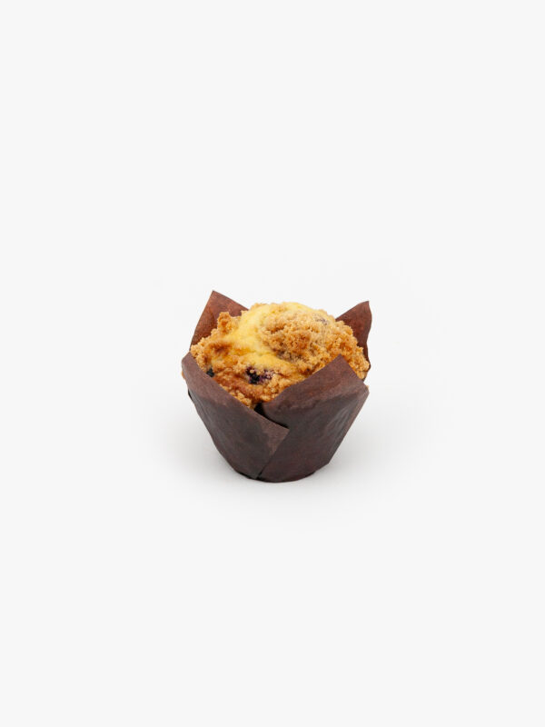 A single Blueberry jumbo muffin in paper wrapping