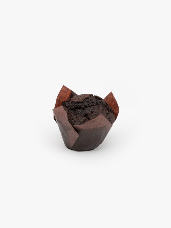 A single Chocolate jumbo muffin in paper wrapping