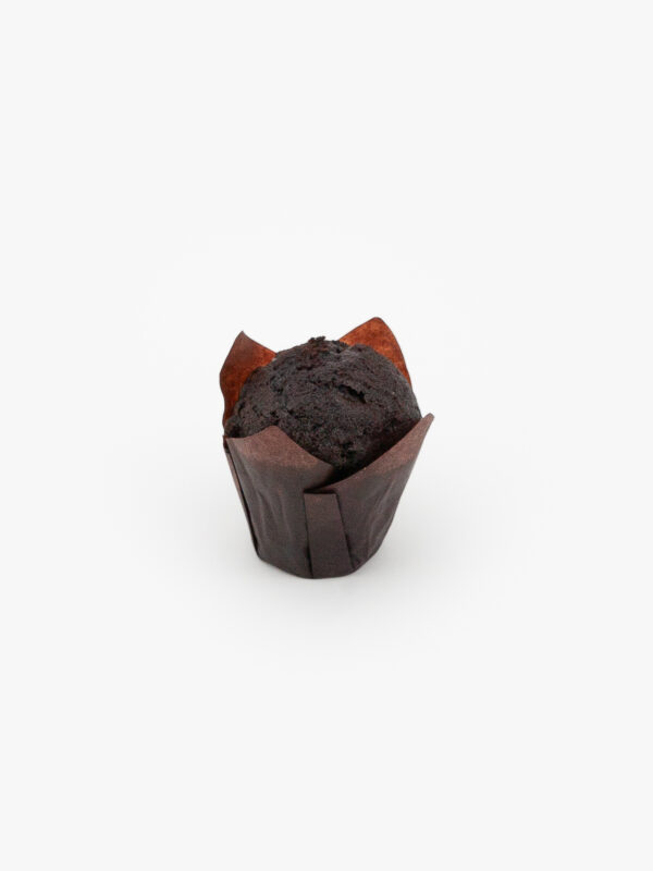 A single Chocolate mini muffin in paper wrapping