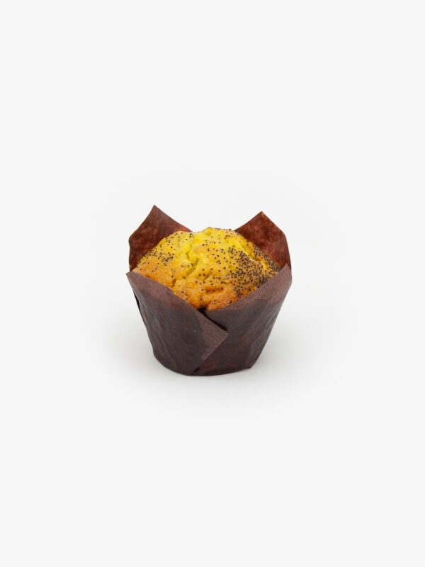 A single Lemon Poppy jumbo muffin in paper wrapping