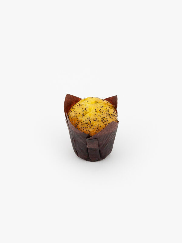 A single Lemon Poppy mini muffin in paper wrapping