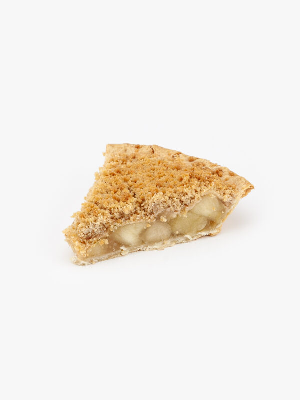 A slice of Baked Dutch Apple Pie on a light grey background