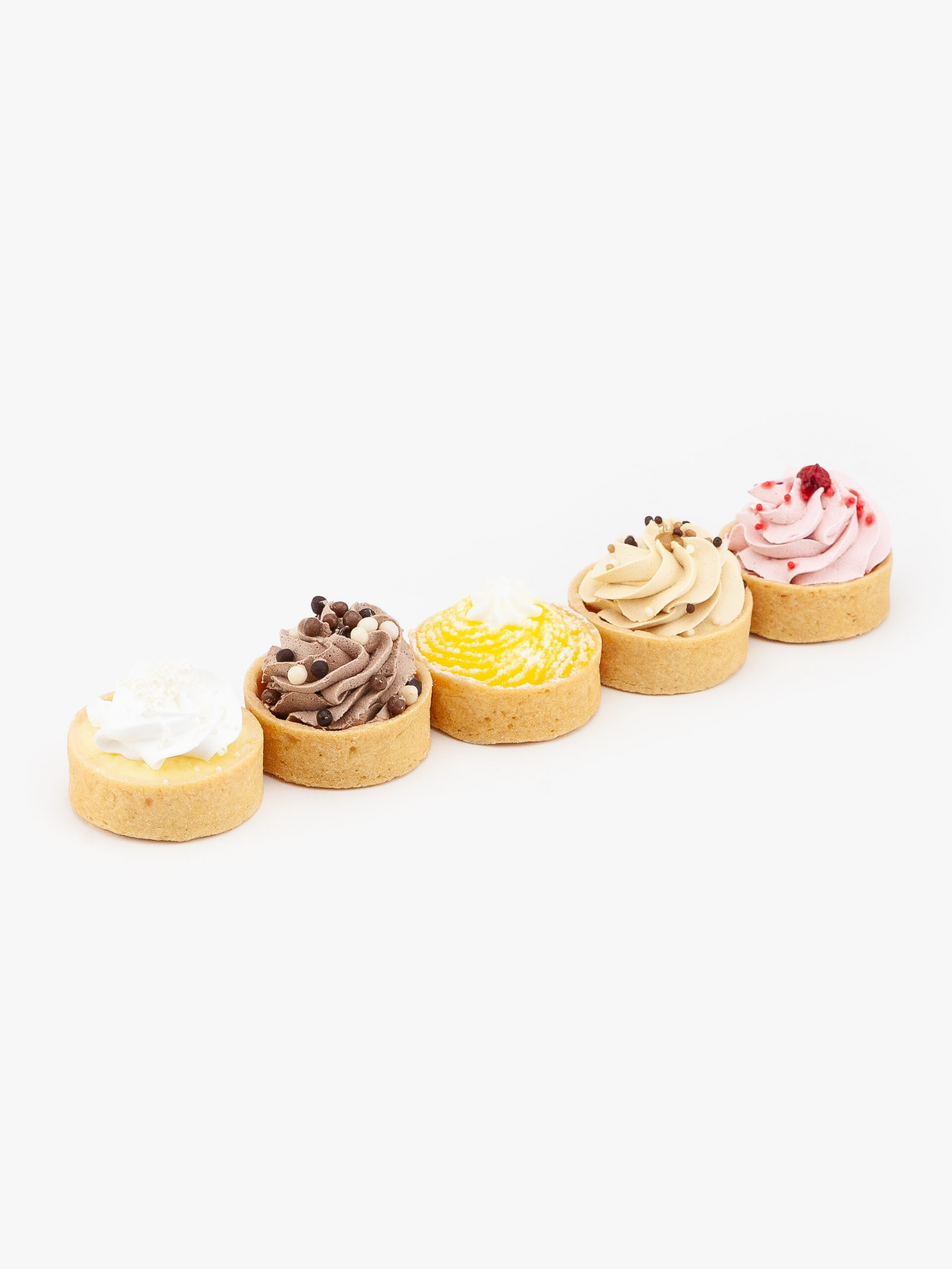 Assorted Mini Dessert Tarts, Lemon, Raspberry Mousse, Dulce De Leche, Chocolate Mousse and Custard Cream on a light grey background.