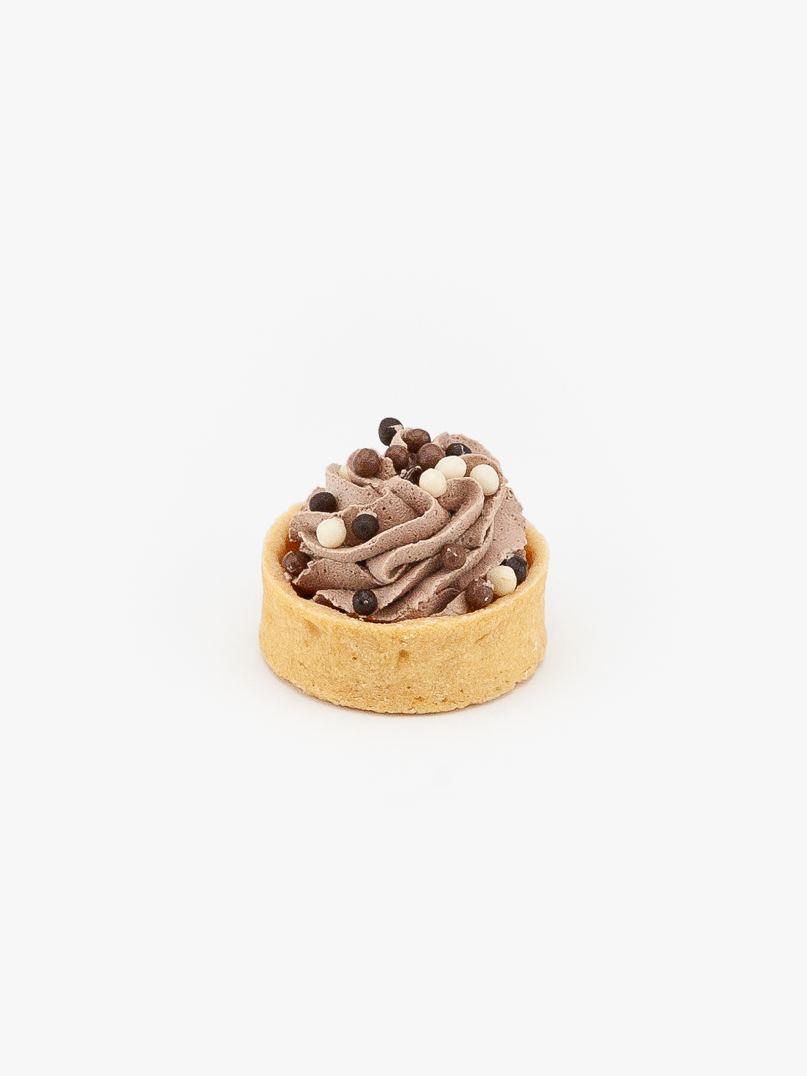 A Chocolate Mousse Mini Dessert Tart on light grey background