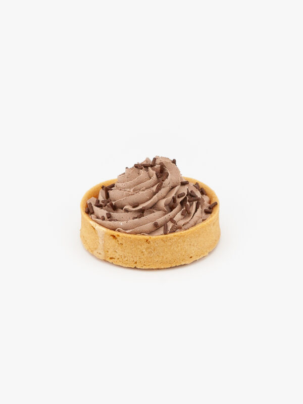 A Chocolate Mousse Individual Dessert Tart on a light grey background.